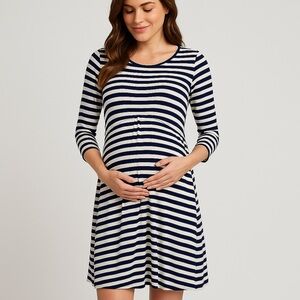 Striped Maternity Nursing Breastfeeding Dress - Navy and White